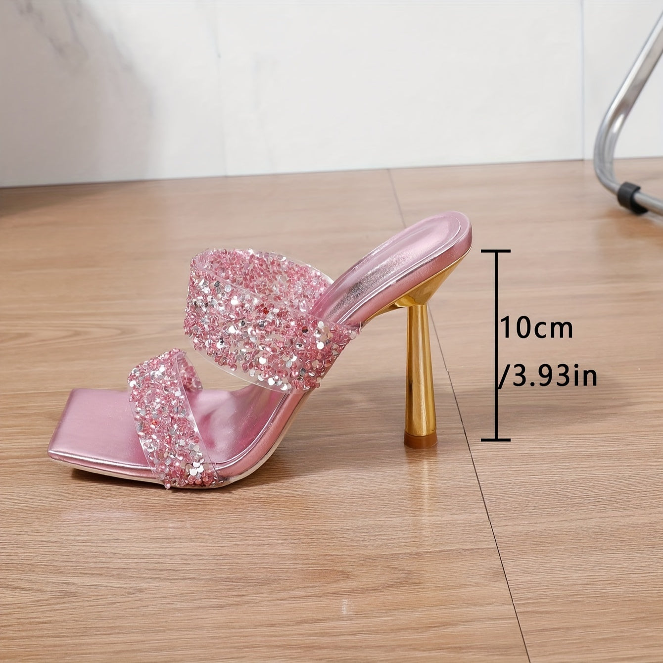 Elegant Pink Glitter High Heel Sandals for Women - Square Toe, Stiletto Heel with Rhinestone Embellishments, TPU Upper & PU Cover Straps, Rubber Sole - Perfect for Summer Parties & Weddings, Fashionable Occasions|Square Toe H